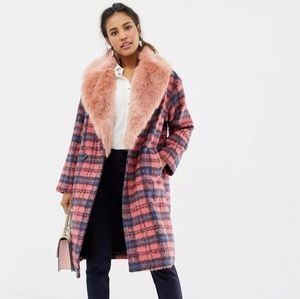 ASOS Pink and Blue Plaid Coat with Faux Fur Collar